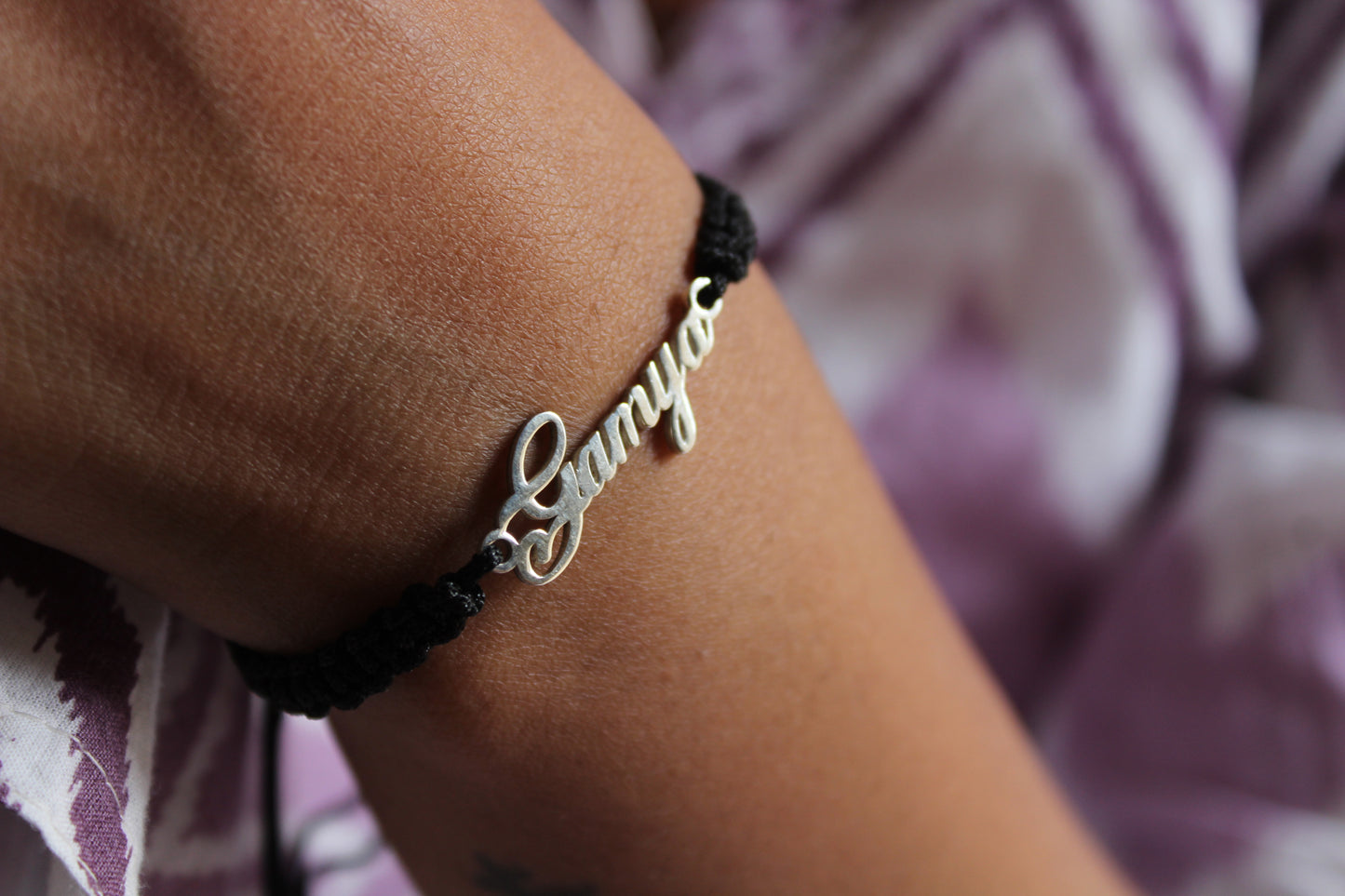 Customized Silver Name Bracelet with Black Thread