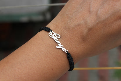 Customized Silver Name Bracelet with Black Thread